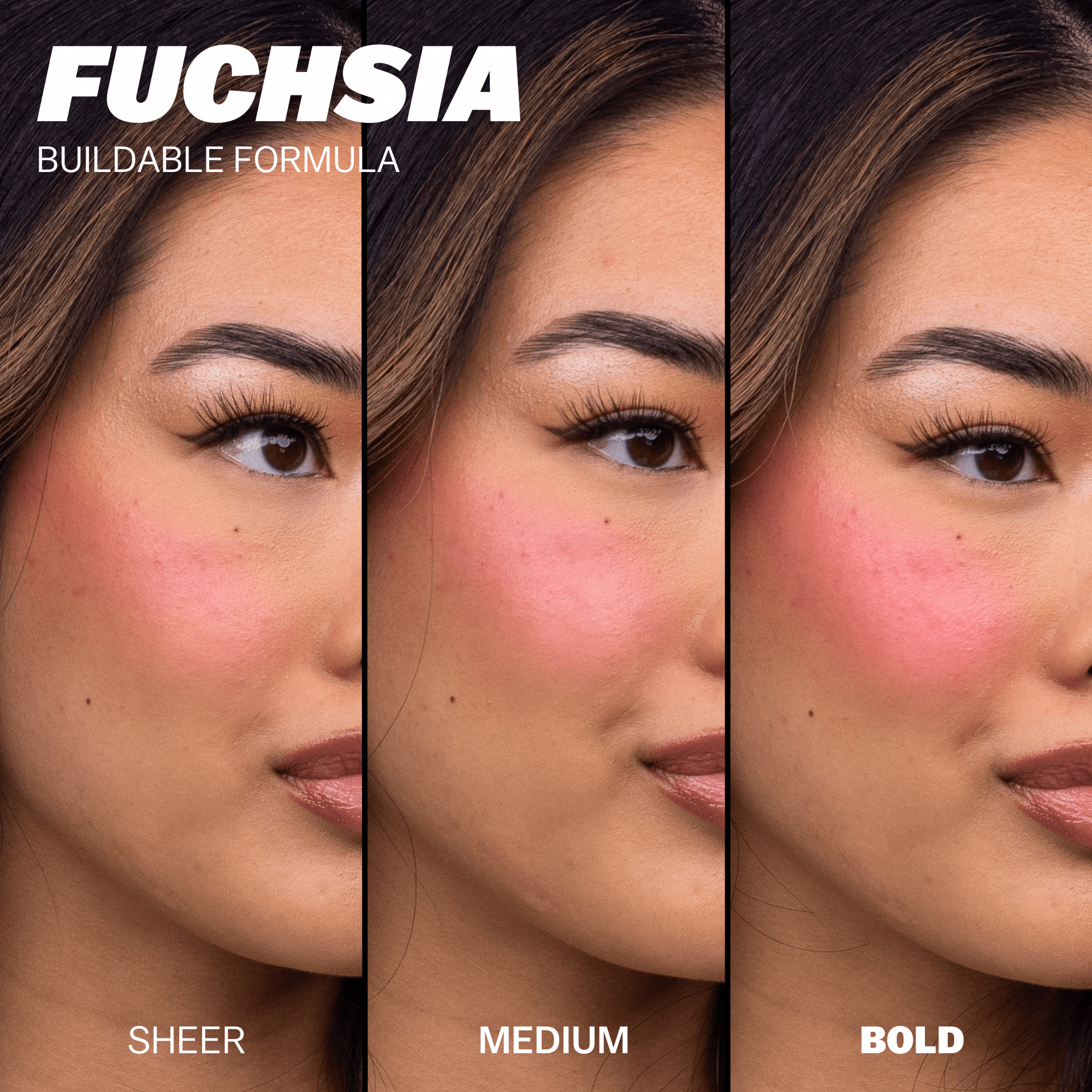 BASMA Beauty - The Cream Blush in Fuchsia. A Buildable formula applicable from sheer to medium to a bold blush look.